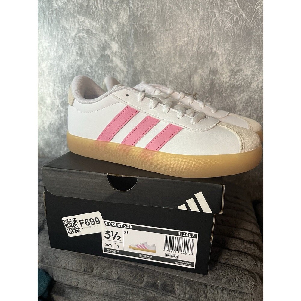 Adidas VL Court 3.0 K Girls Sneakers Size 3.5 White Pink Gum IH3483 New In Box